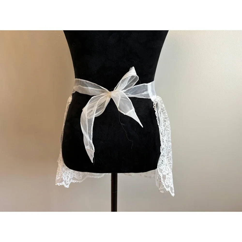 Vintage White Floral Lace Half Apron Sheer Organza Tie Waist Coquette Bow Pocket